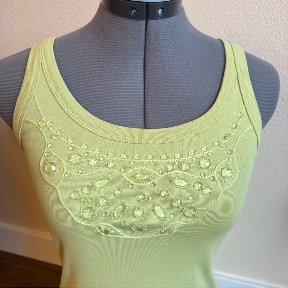 Y2K Lime Green Embellished Tank Top Beaded Rhinestone Fairycore Coastal Summer - Picture 3 of 11